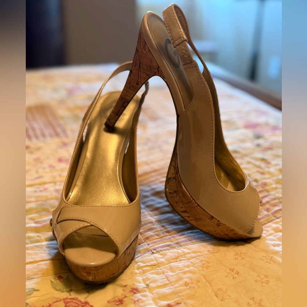 Guess Elegant Beige Slingback Cork Wedge Sandals